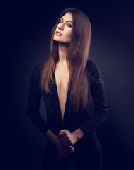 Sexy slim model posing in black jacket with long stright hair st