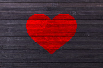 wood texture background, red print of heart shape, valentines day