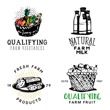 Set of fresh farm food badges in vintage style