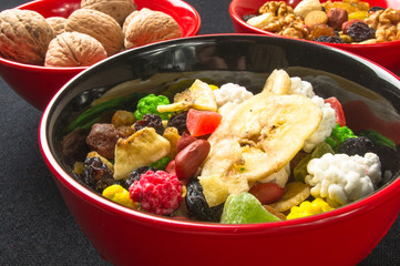 different mixed nuts and raisins