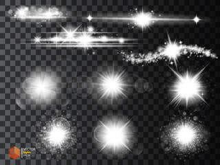 Silver glitter bokeh lights and tinsel. Bright star, solar particles and sparks with glare effect on a transparent background