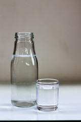 Drinking water in glass and bottle on the floor.