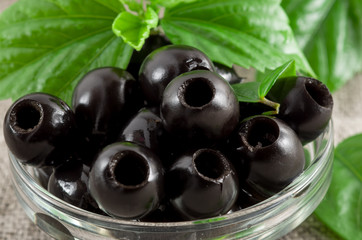 Detailed close-up view of the black olives