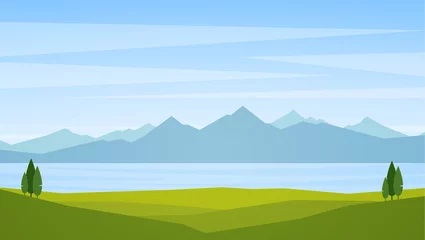 Fotobehang Vector illustration: Landscape with lake or bay and mountains on horizon © deniskrivoy