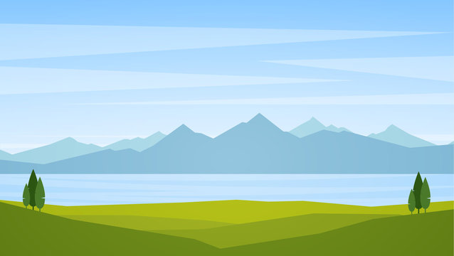 Vector illustration: Landscape with lake or bay and mountains on horizon