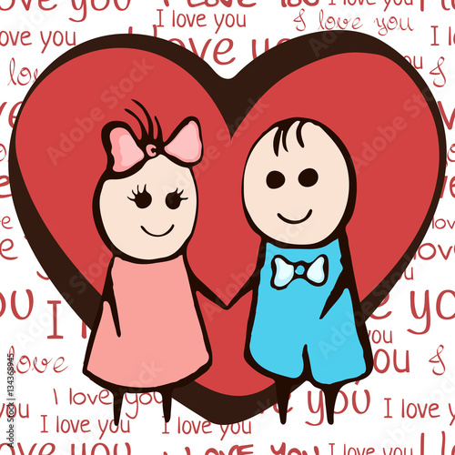 Cartoon Painted Lovers Boy And Girl With Heart On Font Background