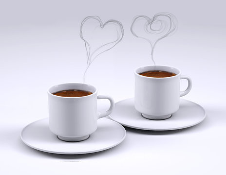 Two white coffee cup with heart smoke