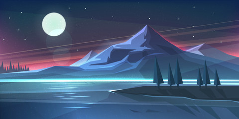 Night mountain landscape on lake. Vector illustration © dmod