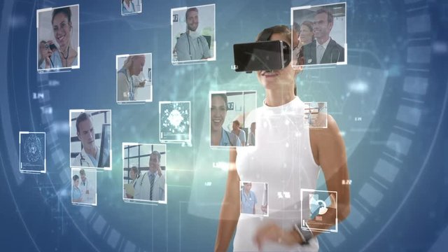 Businesswoman wearing virtual reality headset
