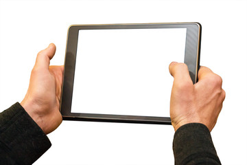 Male hands holding a Tablet isolated on a white background. Screen tablet also has an isolated white background