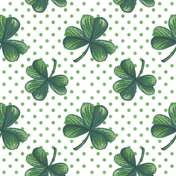 St Patrick's Day Illustration Seamless Pattern Hand-Painted Green Shamrock Background Texture Wallpaper Scrapbook Paper