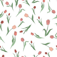 Spring Seamless pattern with colorful tulips on white background. Hand drawn vector illustration. Wrapping paper. - 134370717