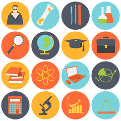 Education school university learning icons set with science elements isolated vector illustration