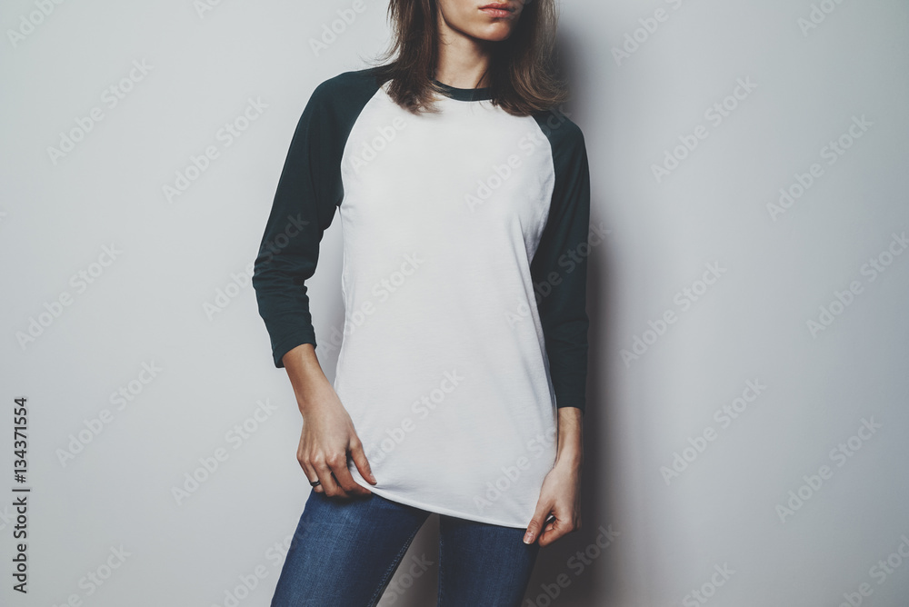 Wall mural Mock-up of t-shirt long sleeve, pretty young girl wearing blank white t-shirt with green long sleeve - Wall murals