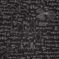 Math vector seamless texture with formulas, calculations, figures, plots and handwritten equations, chalk writings on grey blackboard effect