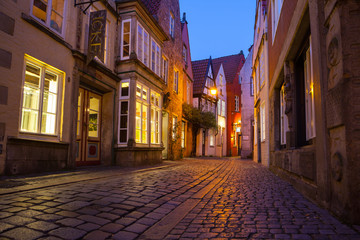 Historic streets of illuminated Schnoor quarter at night - obrazy, fototapety, plakaty
