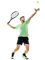 one caucasian  man playing tennis player service serving isolated on white background - obrazy, fototapety, plakaty