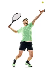 Fototapeten one caucasian  man playing tennis player service serving isolated on white background © snaptitude