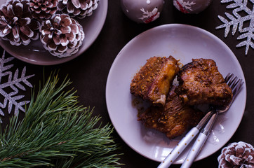 Spicy ribs with soy sauce and mustard and cones