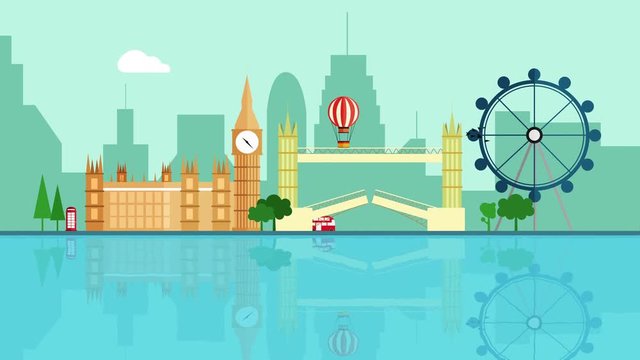 Animation of London detailed Skyline with space for your text or logo, colorful cartoon London Background loop full hd and 4k. vector color great britain and london icon set