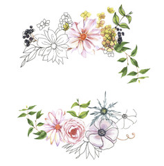 Hand-drawn colorful floral bouquets. Watercolor natural compositions with rose and hydrangea, berries, leaves