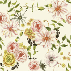 Hand-drawn watercolor seamless botanical pattern with different plants. Repeated natural background: rose, black berries, ranunculus, hydrangea, leaves.