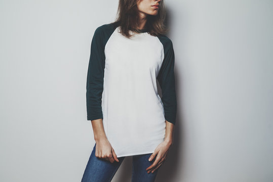 Young hipster girl wearing blank white t-shirt with empty space for your logo or design, mock-up of t-shirt long sleeve