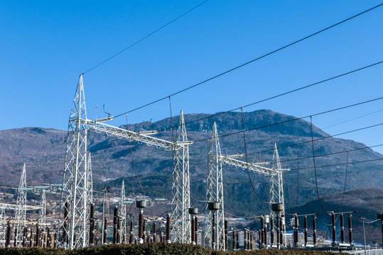 Angle view of infrastructure of electrical substation distributing renewable energy