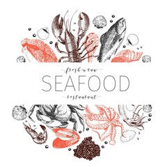 Vector hand drawn seafood banner. Lobster, salmon, crab, shrimp, ocotpus, squid, clams.Engraved art