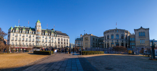 Fototapeta na wymiar Parliament of Norway at the sunny day, panoramic view