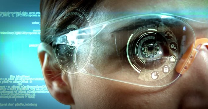 Close-up of woman using virtual reality glasses while touching the screen