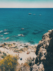 Beautiful view of the sea, summer vacations concept, taken with smartphone, film effects, instagram filter