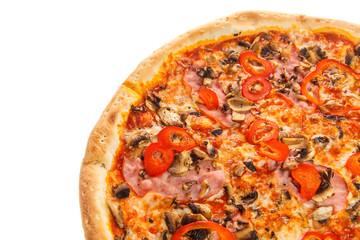 Fragment of delicious classic italian pizza with ham, vegetables, mushroom and cheese