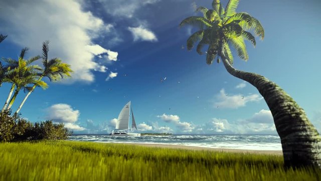 Tropical island, palm trees blowing in the wind and yacht sailing
