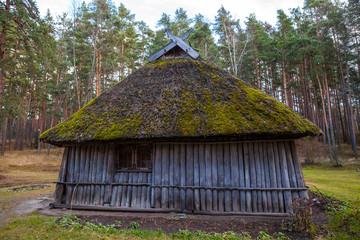 Fototapeta na wymiar View of the rustic farm dwelling. Wooden architecture of North and Baltics