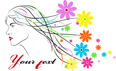 Beauty Fashionable Girl. Floral hairstyle, woman face silhouette. Flowers abstract background. Vector illustration.