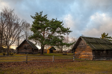 Fototapeta premium View of the rustic farm, peasant household. Wooden architecture of North and Baltics