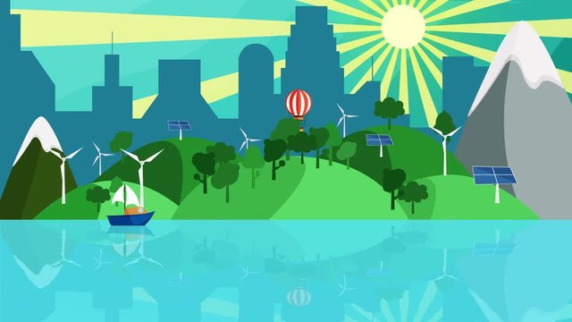 Green energy concept Background loop, Colorful cartoon green ecology flat landscape with wind power plant and sailing boat with space for your message or logo. seam less loop, full hd and 4k.