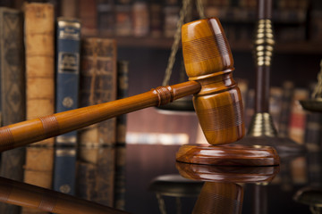 Law and justice concept, Brown wooden background, beautiful refl