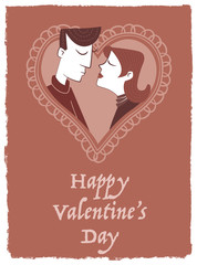 Vintage Valentine Card. Retro style valentine card with a couple kissing on a heart shaped background.