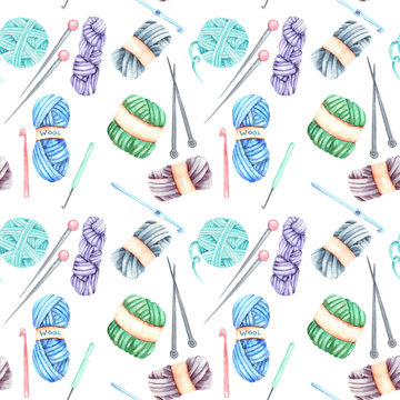 Seamless pattern with watercolor knitting elements: yarn, knitting needles and crochet hooks; hand drawn on a white background