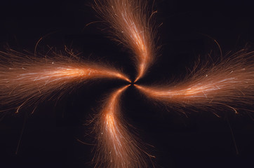 Golden orange amazing fireworks isolated in dark background close up, New Year, explode