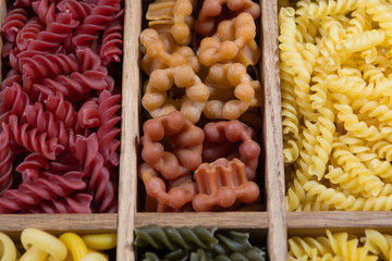 Variety of types, colors and shapes of Italian pasta. Dry pasta