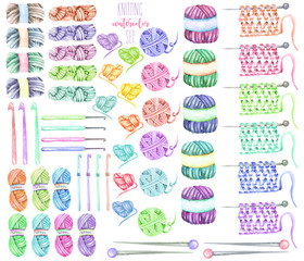 Fototapeta premium Set, collection with watercolor knitting elements: yarn, knitting needles and crochet hooks; hand drawn isolated on a white background