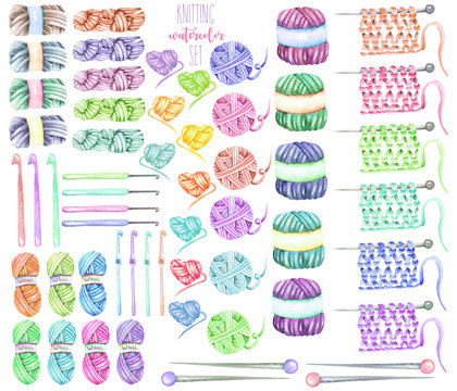 Set, collection with watercolor knitting elements: yarn, knitting needles and crochet hooks; hand drawn isolated on a white background