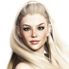 Portrait of a adorable fantasy character. Elegant female elf with a white background. 3d rendering - obrazy, fototapety, plakaty