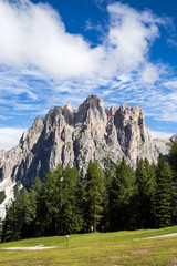 View of the Rosengarten (Catinaccio) in summer, in the Italian Dolomites
