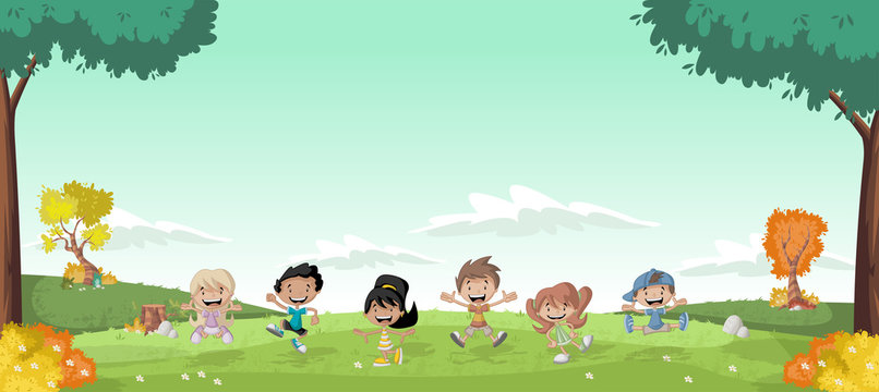 Green grass landscape with cute cartoon kids. Stock Vector | Adobe Stock