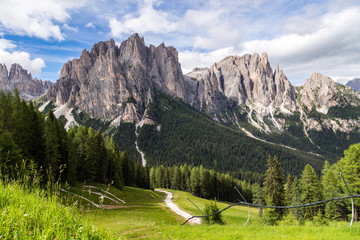 Fototapeta na wymiar View of the Rosengarten (Catinaccio) in summer, in the Italian Dolomites