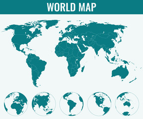 World Map with Globes. Vector